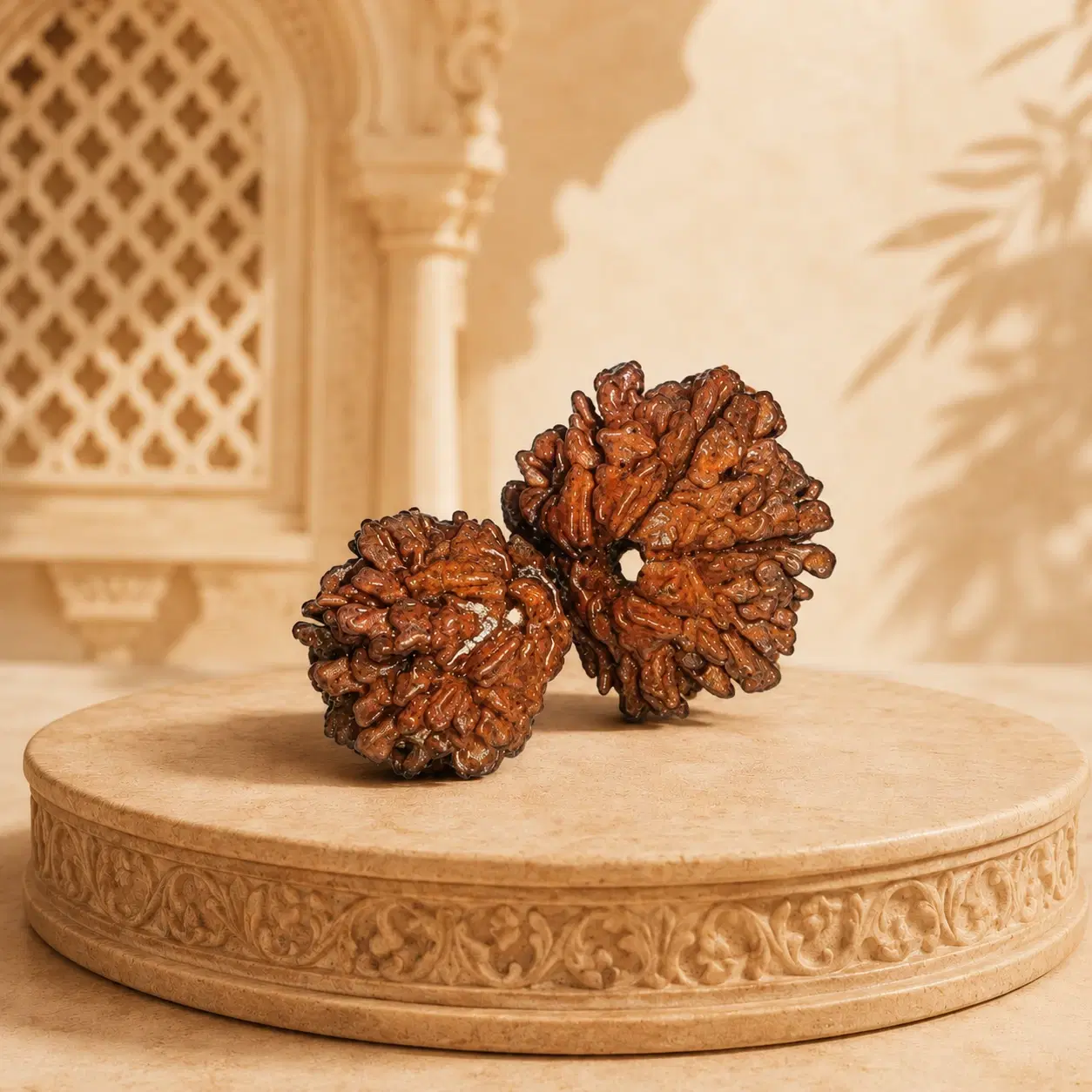 Two polished brown rudraksha beads displayed on a carved beige pedestal with a soft architectural backdrop