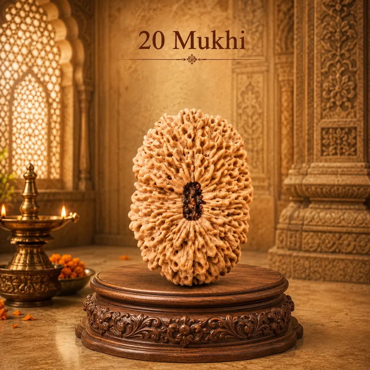 20 Mukhi Rudraksha bead displayed upright on an ornate carved wooden pedestal with temple-style backdrop