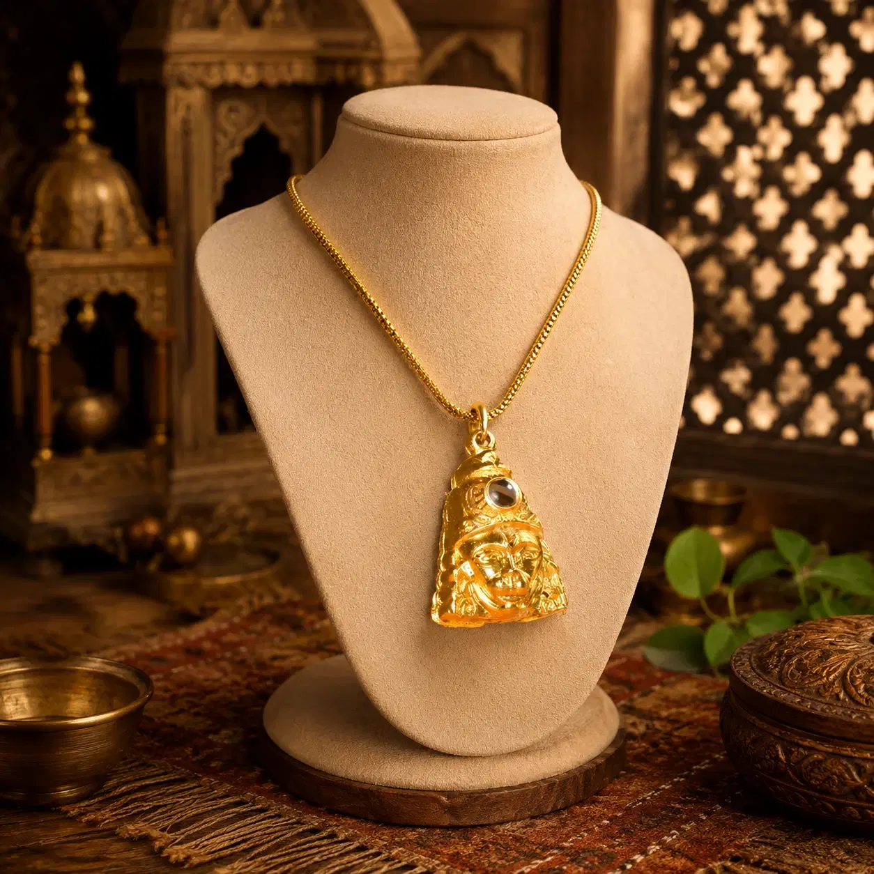 Gold-tone Hanuman face pendant necklace displayed on a beige jewelry bust in a traditional decor setting
