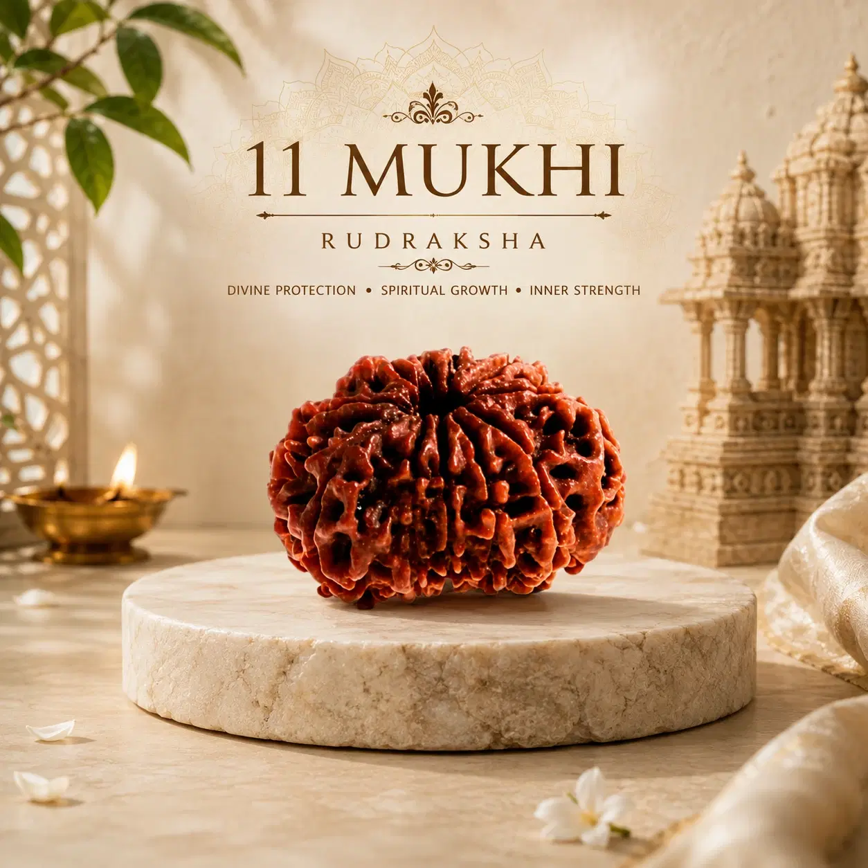11 Mukhi rudraksha displayed on a round marble pedestal with diya, flowers, and temple backdrop