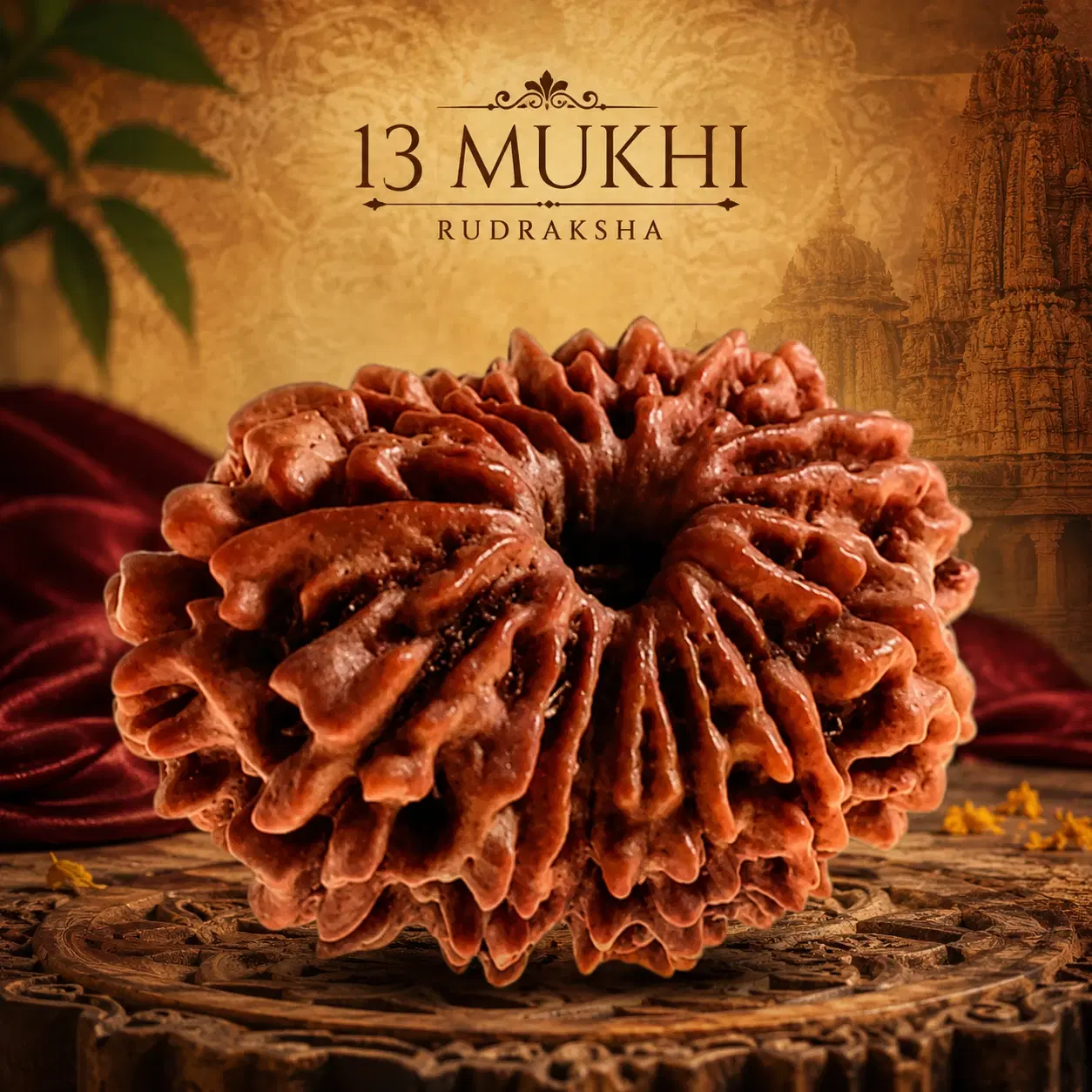Close-up of a brown 13 Mukhi Rudraksha bead on a carved surface with temple-themed backdrop