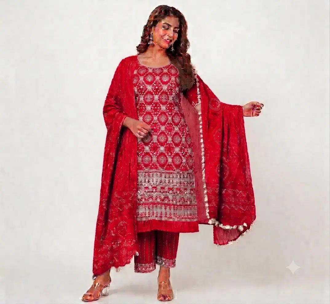 Model wearing a red embroidered kurta set with matching pants and wide draped tassel dupatta
