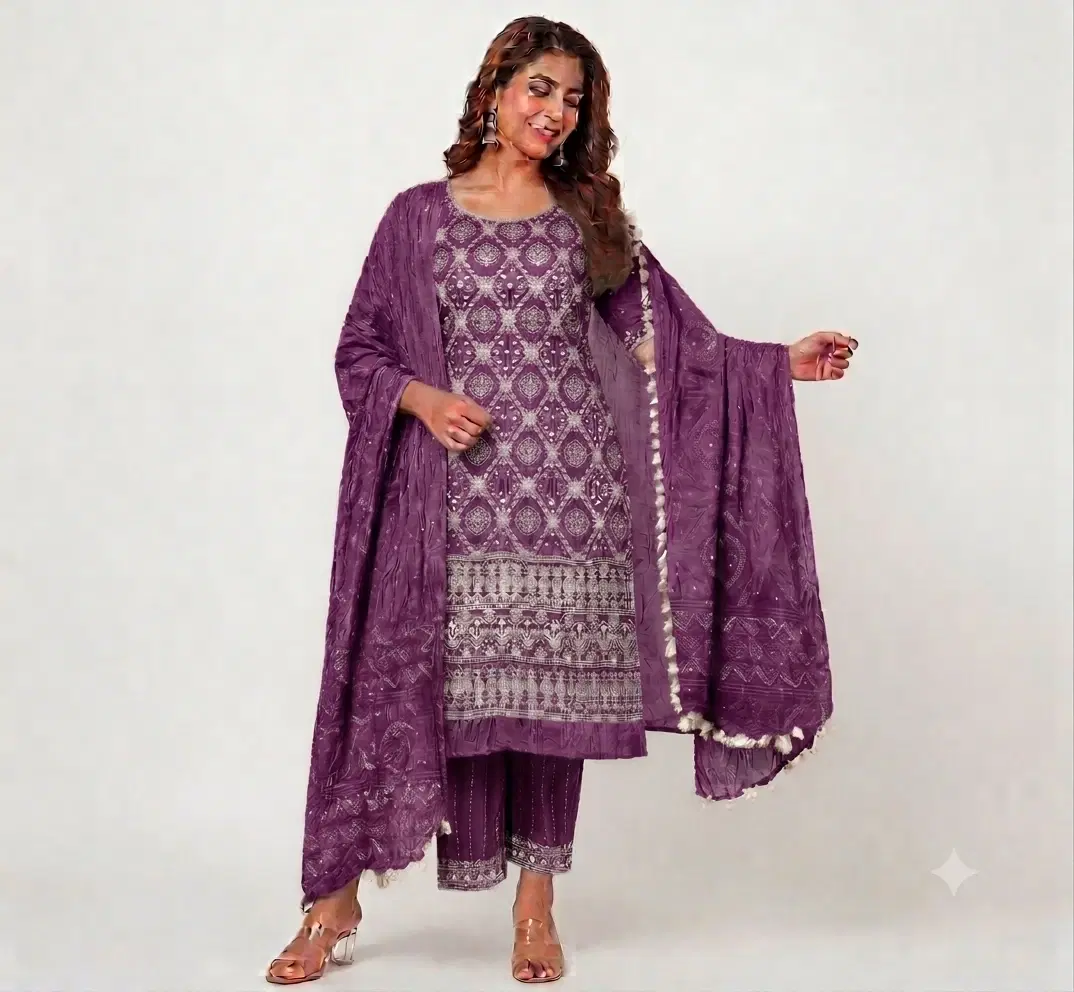 Model wearing a purple embroidered kurta set with matching pants and tassel dupatta