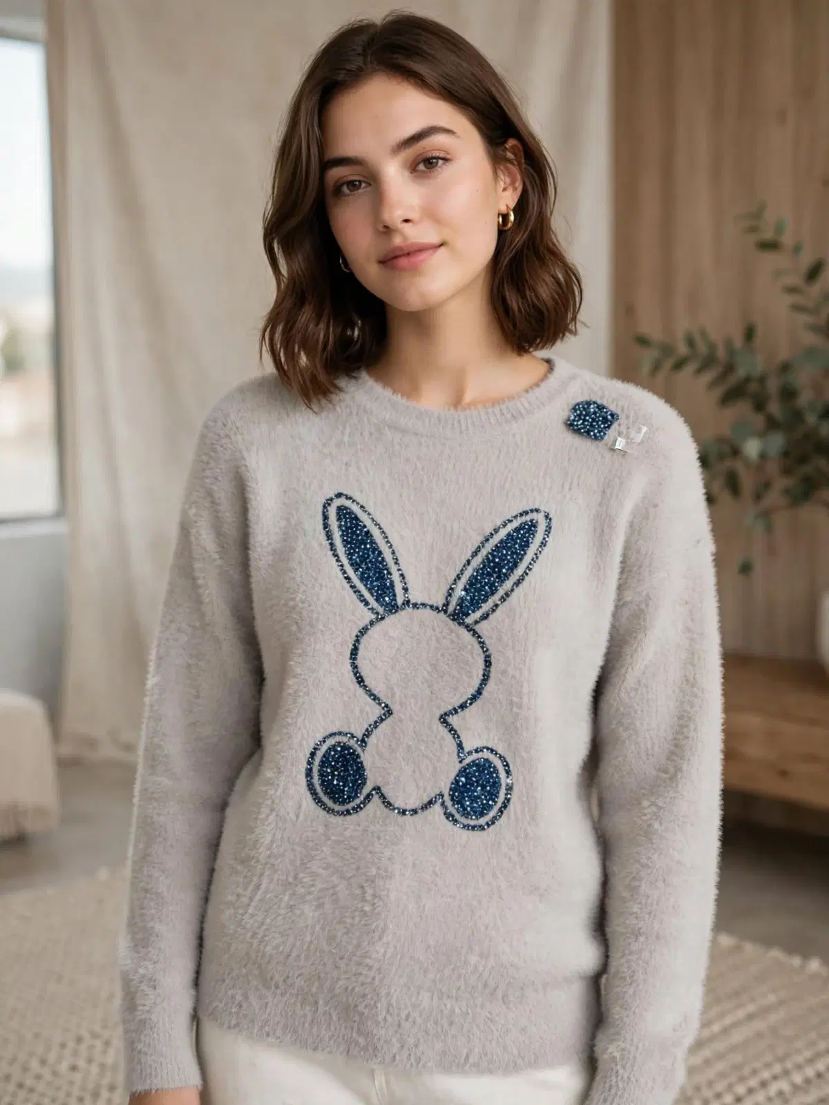 Front view of a soft light grey fuzzy sweater with blue glitter bunny motif and shoulder bow detail