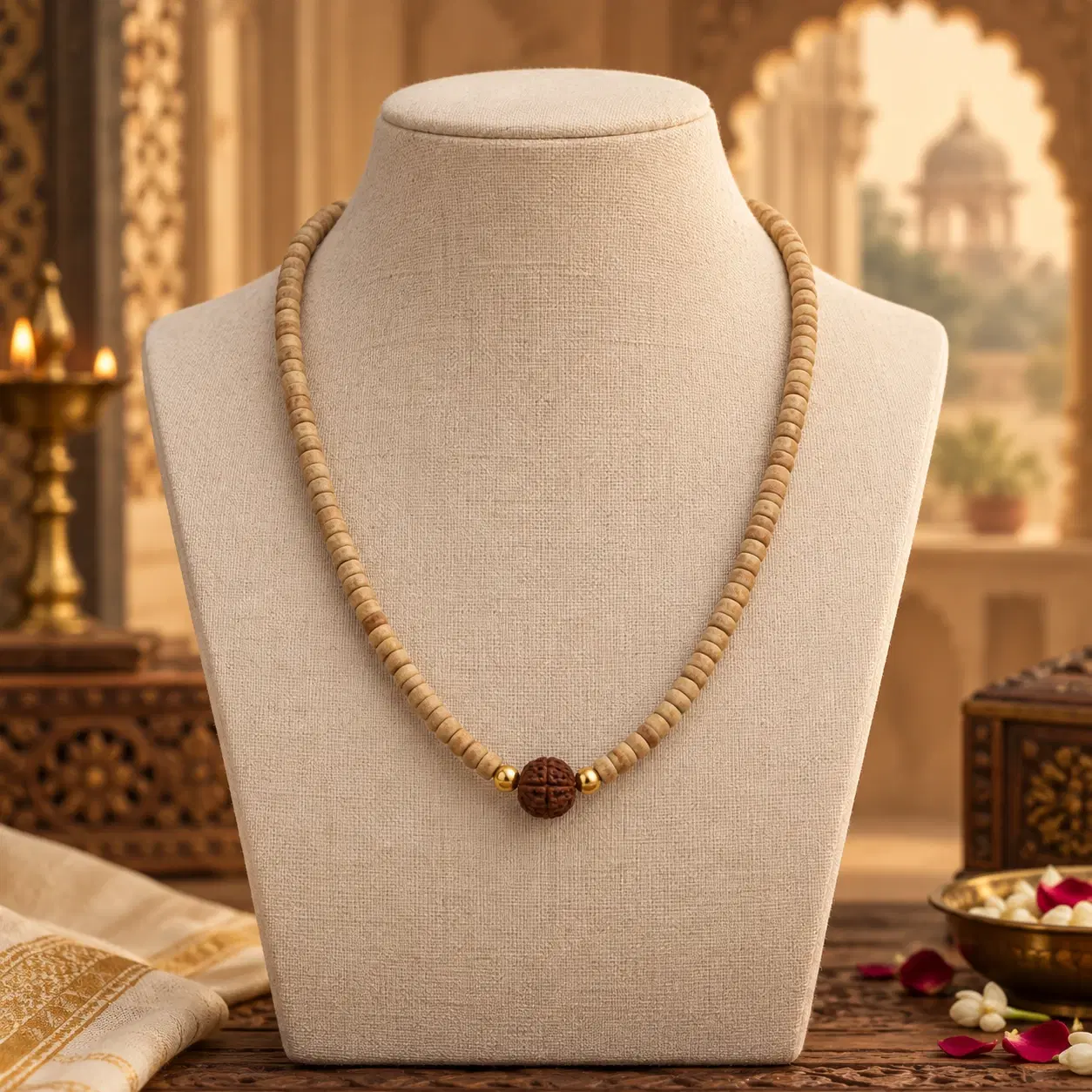 Centered close front view showing light wood beads and gold-tone accents around the rudraksha bead
