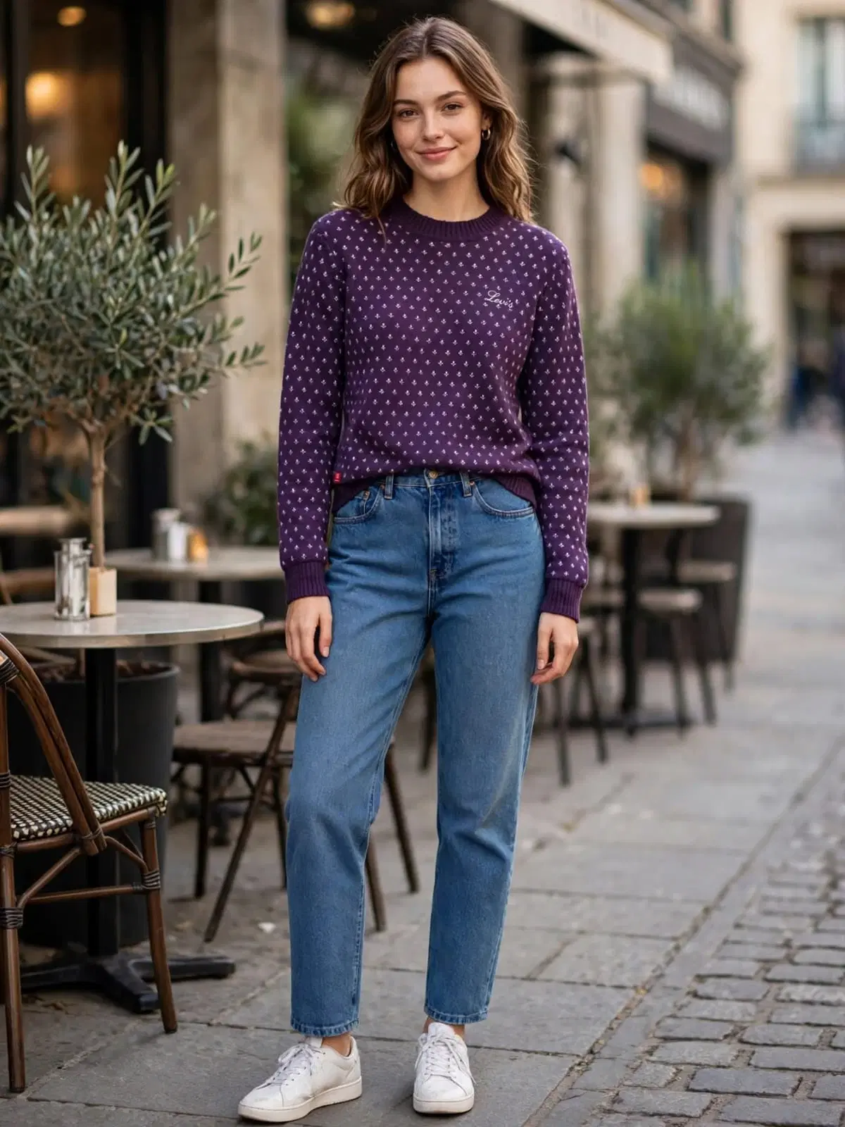Front view of a purple crewneck sweater with tiny all-over print, styled with blue jeans outdoors