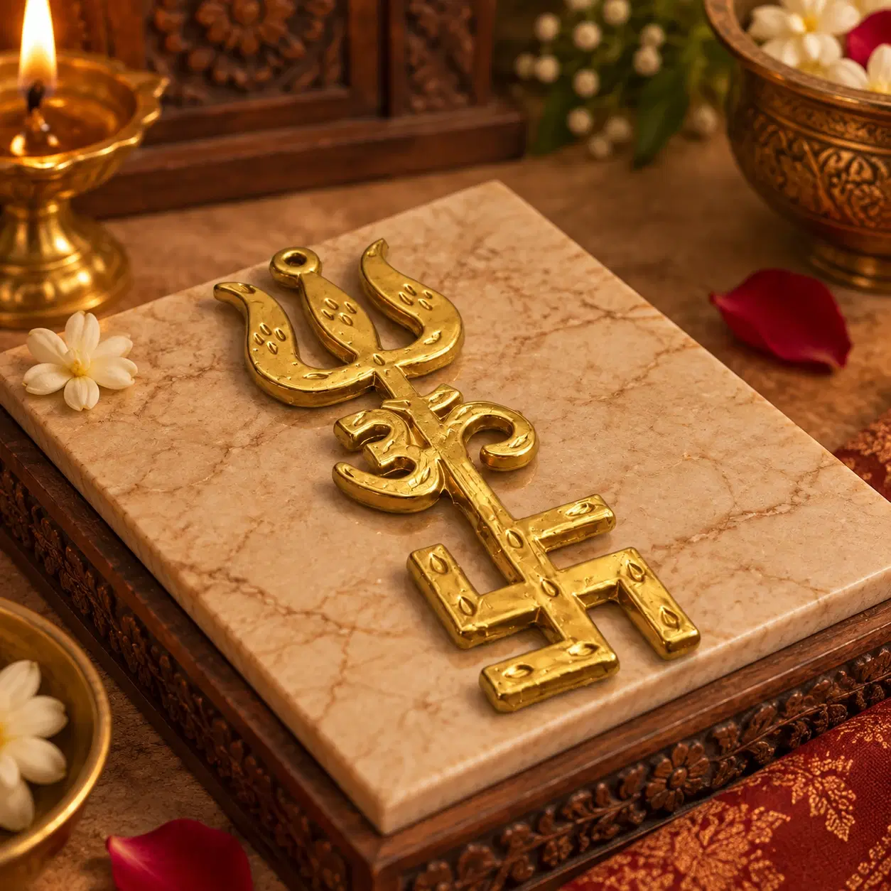 Brass Om Trishul Swastik idol placed flat on a beige marble slab with diya and flowers around