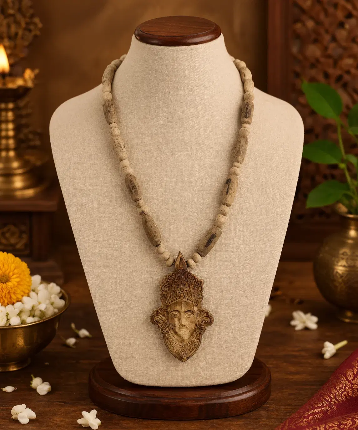 Front view of wooden bead necklace with large carved face pendant on a cream display bust