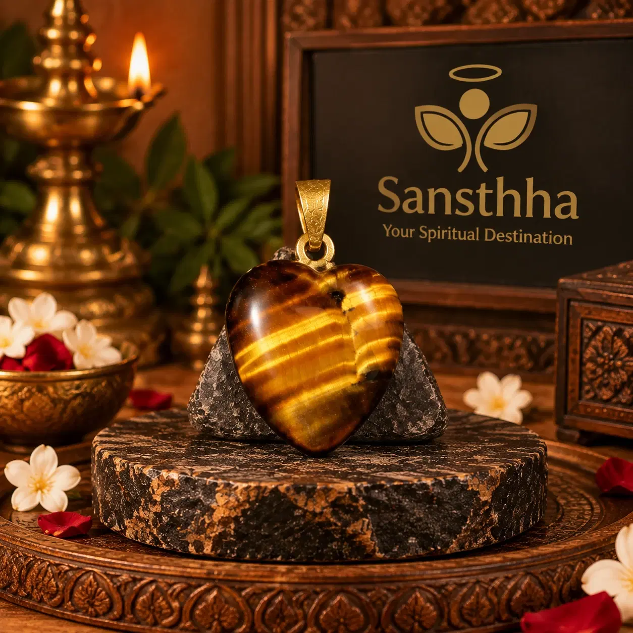 Tiger eye heart pendant with etched gold-tone bail on a black stone pedestal, styled with flowers and lamp