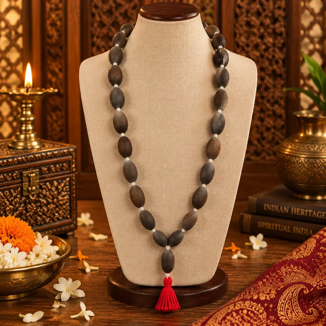 Front view of long dark oval wood bead necklace with white spacers and red tassel on cream display bust