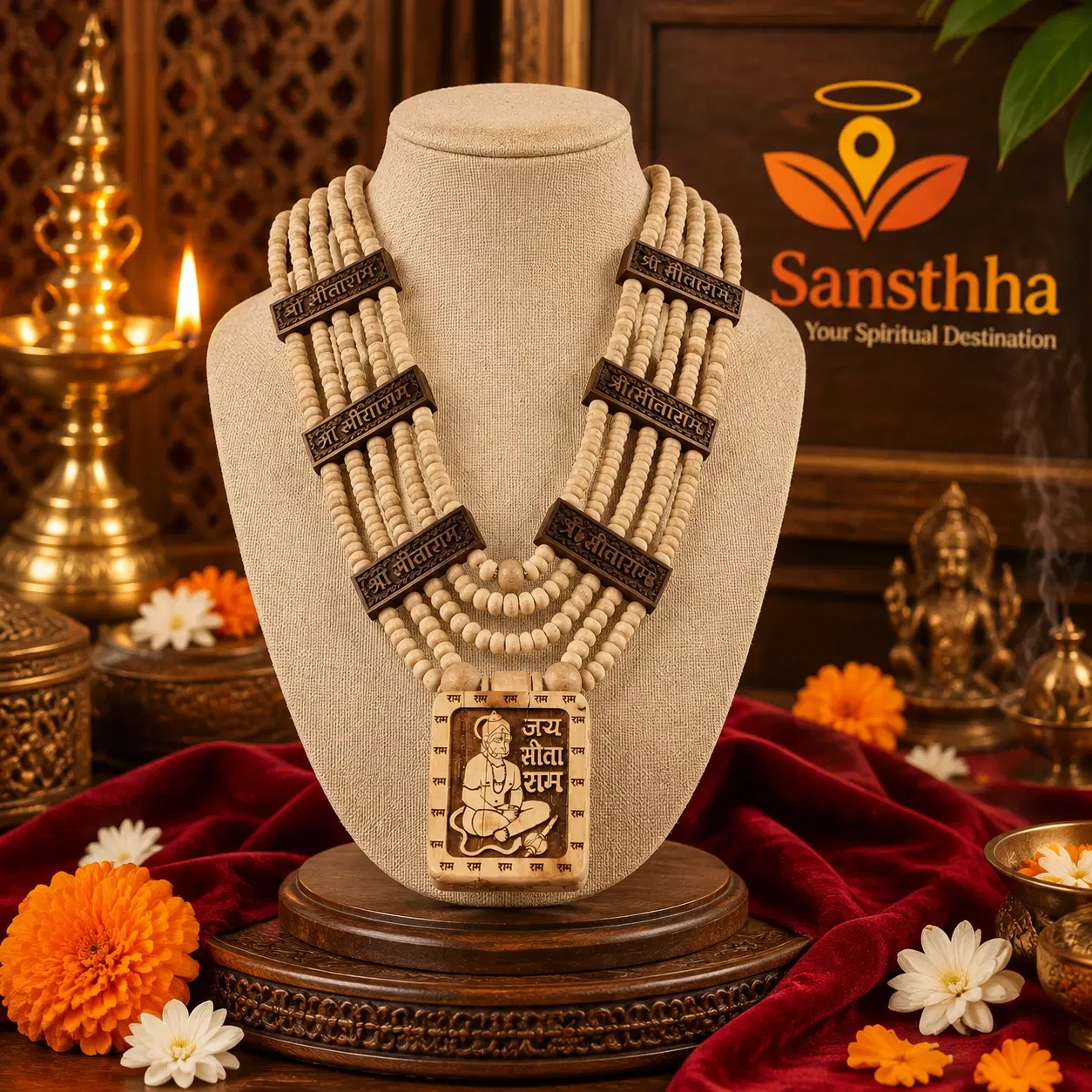 Front view of beige multi-strand wooden bead necklace with Jai Sita Ram pendant on display bust
