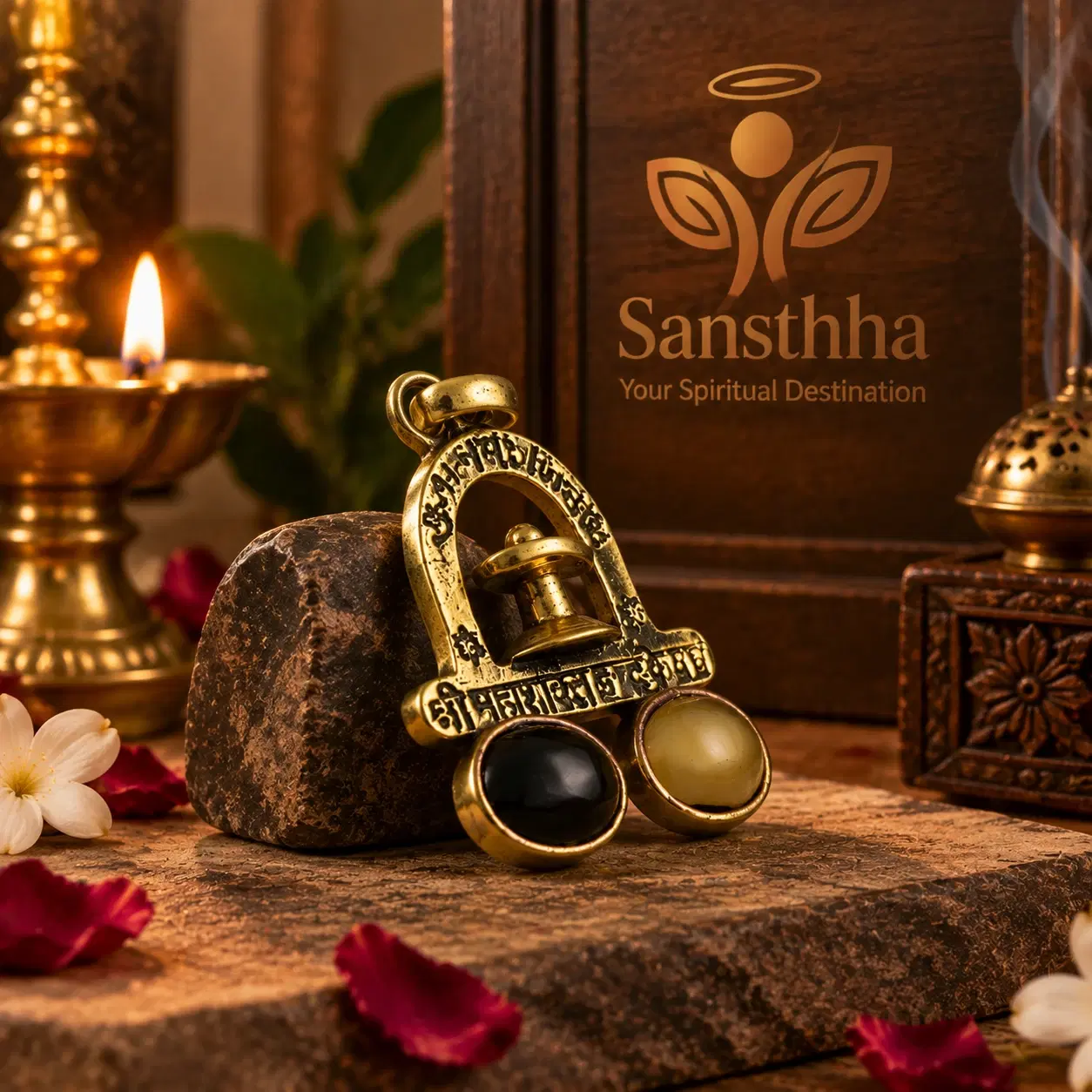 Brass Shivling pendant with engraved script and black, cream stones displayed on a stone block