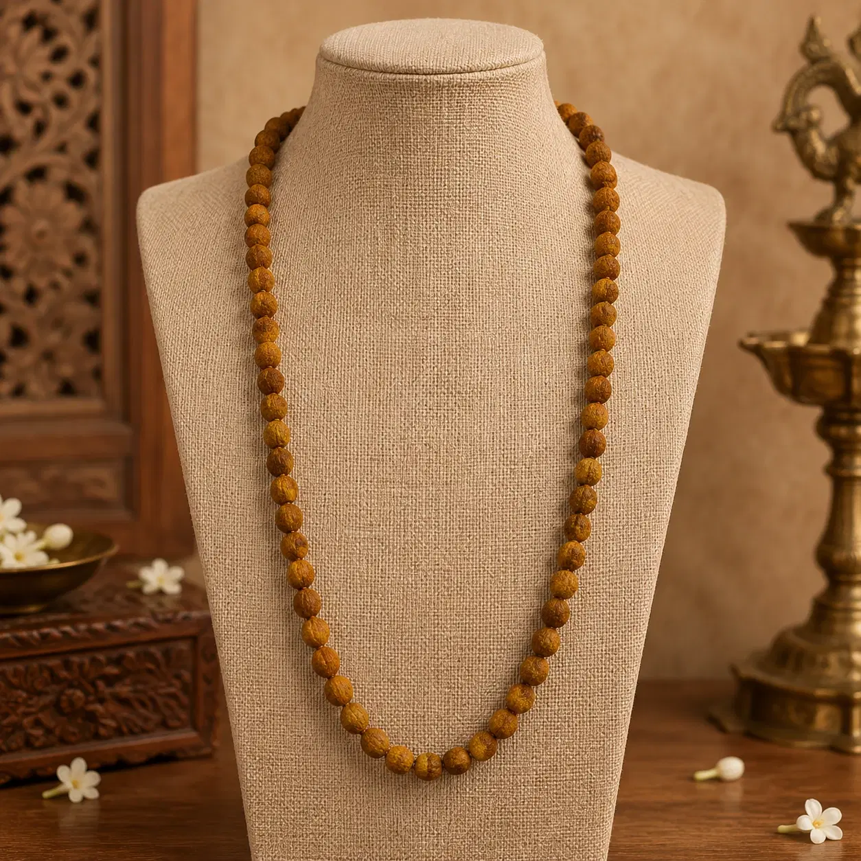Front view of a long brown wooden bead necklace displayed on a beige fabric bust