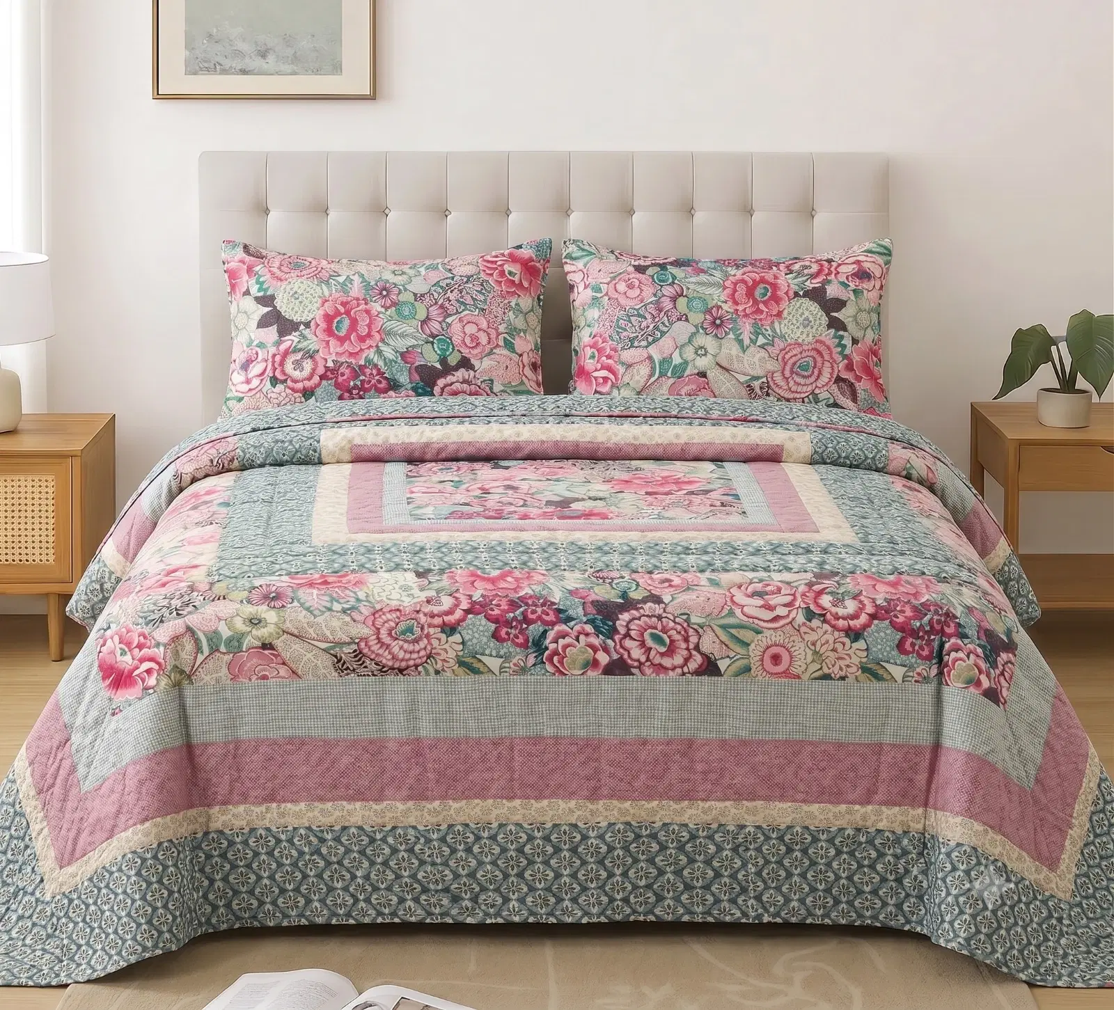 Front view of a quilted floral patchwork bedspread with two matching pillow shams on a styled bed