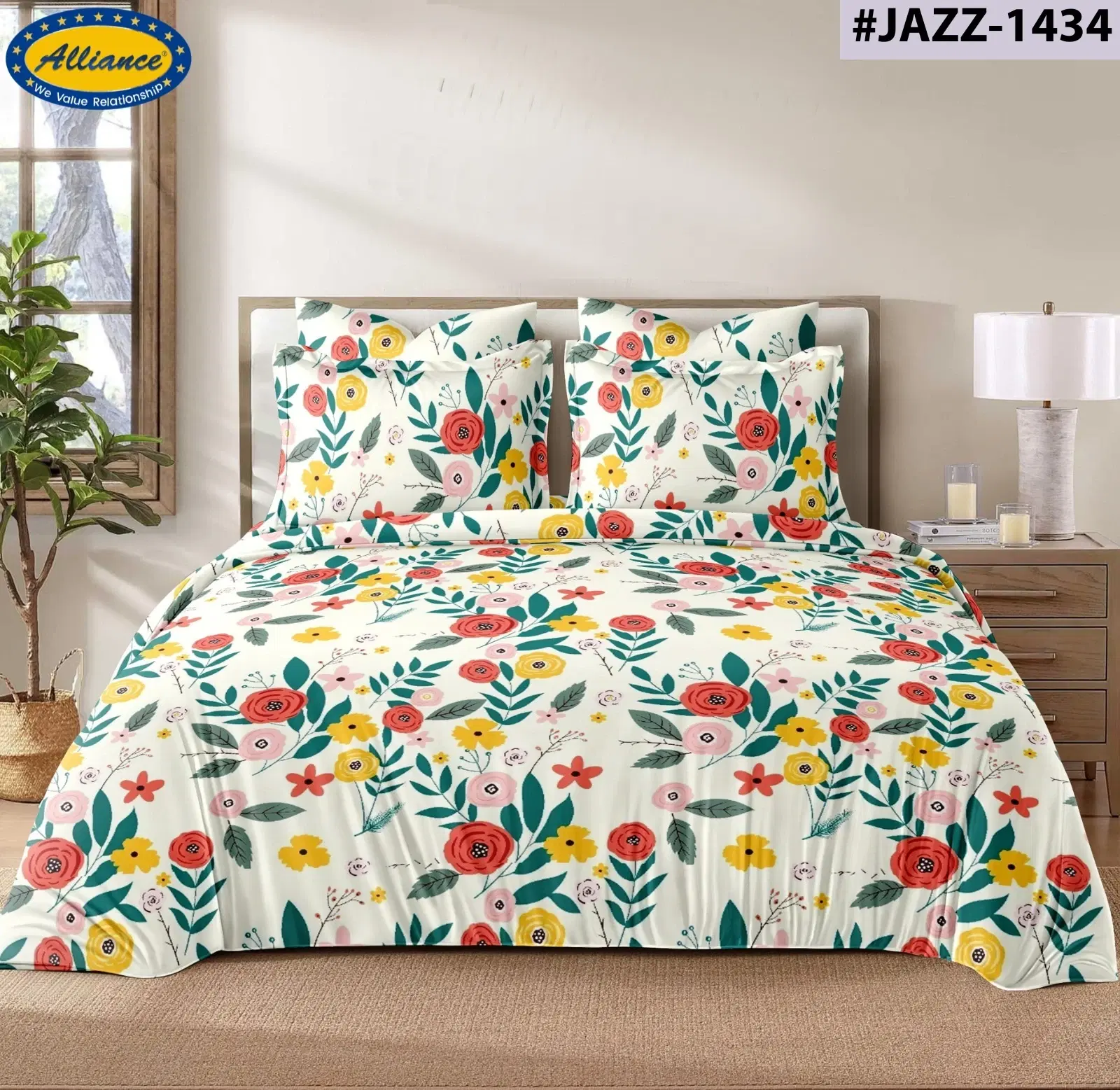 Floral bedsheet set spread on a bed with matching pillow covers in cream, red, yellow and green print