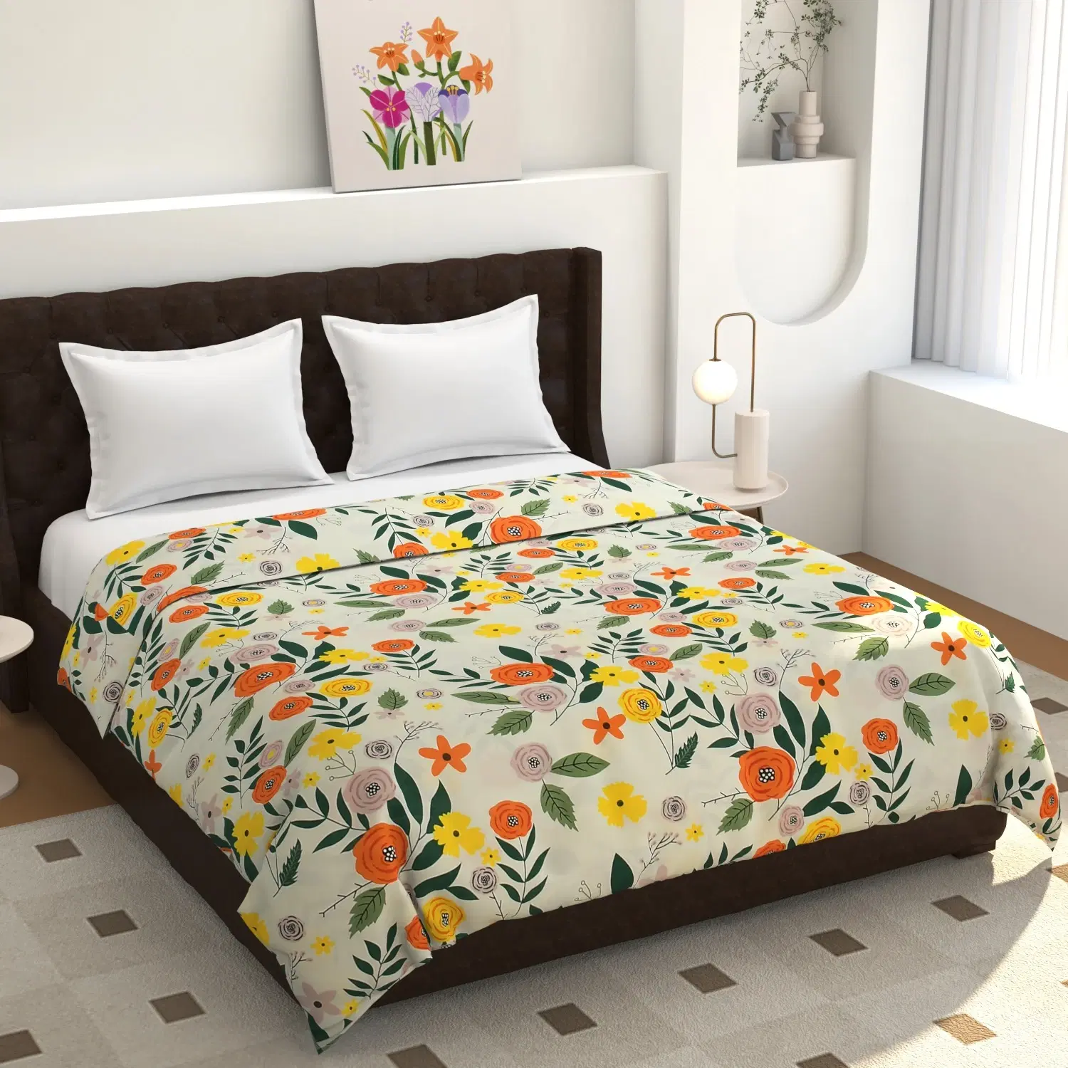Floral cream comforter spread on a double bed, featuring orange, yellow and green botanical print