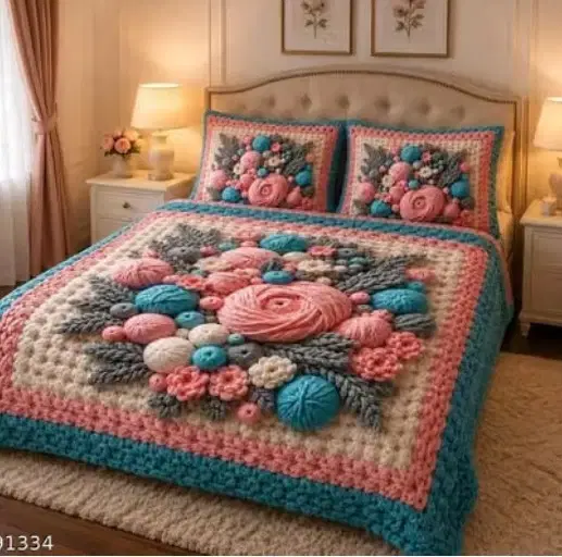 Front view of floral crochet bedspread on a bed with two matching textured pillow covers
