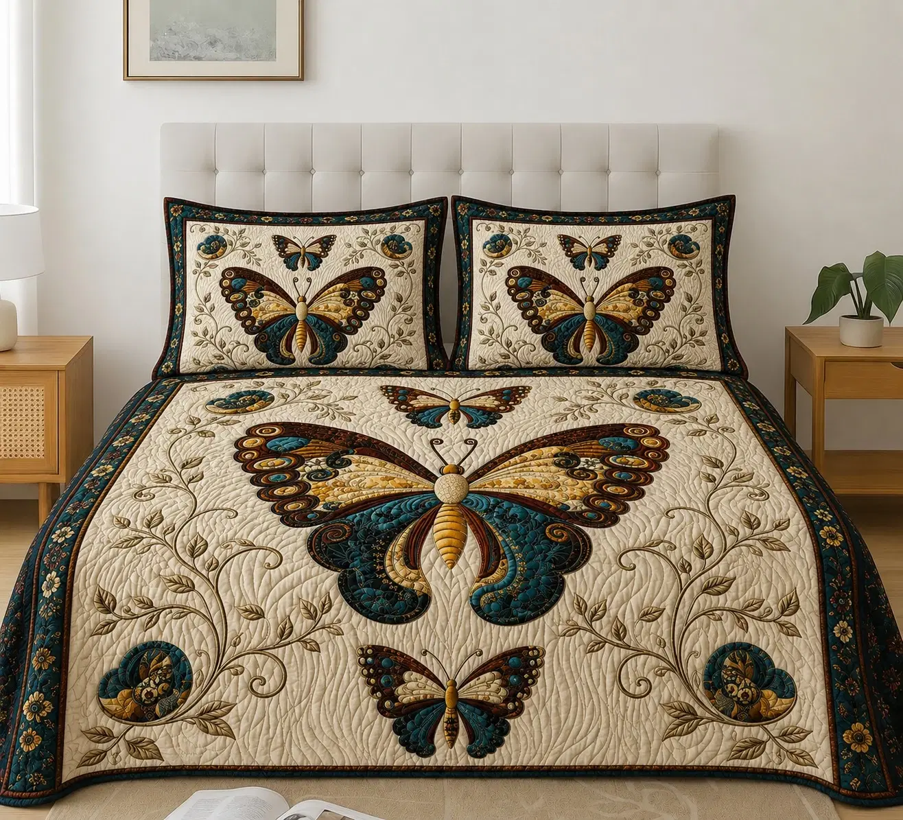 Front view of quilted butterfly bedspread with two matching pillow covers on a made bed