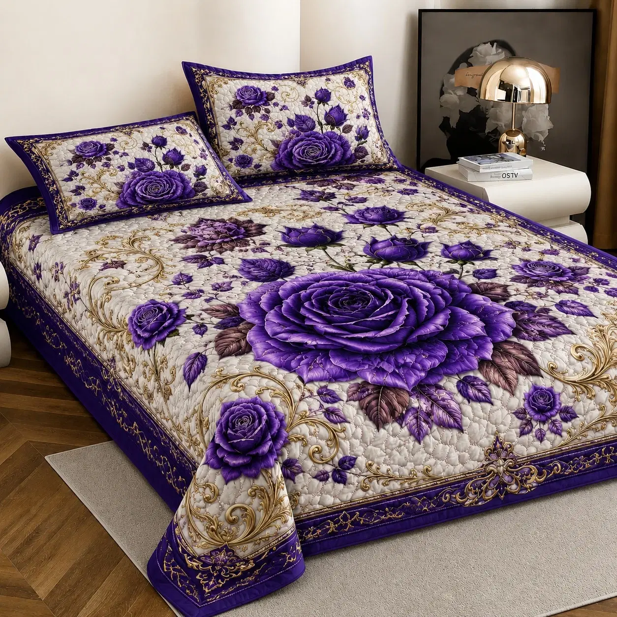 Quilted bedspread with large purple rose print and two matching pillow covers on a styled bed