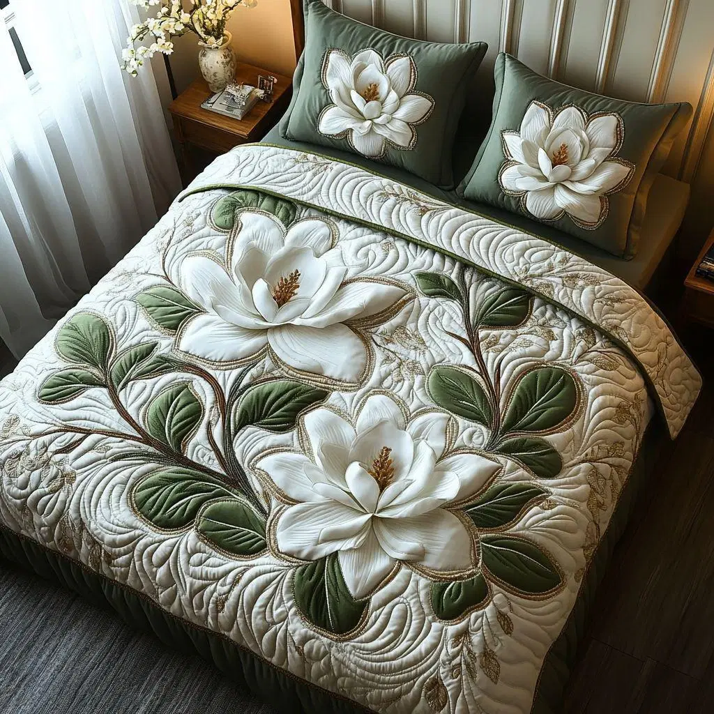 Quilted bedspread on a bed with large white magnolia appliqué and two matching sage green pillow covers
