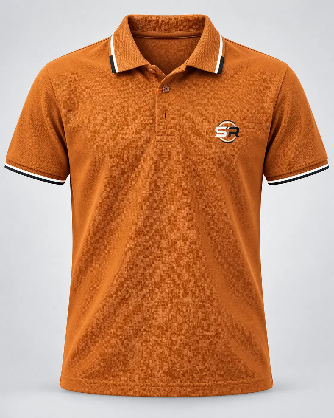 Front view of rust orange polo T-shirt with contrast-tipped collar, sleeve cuffs and small chest logo