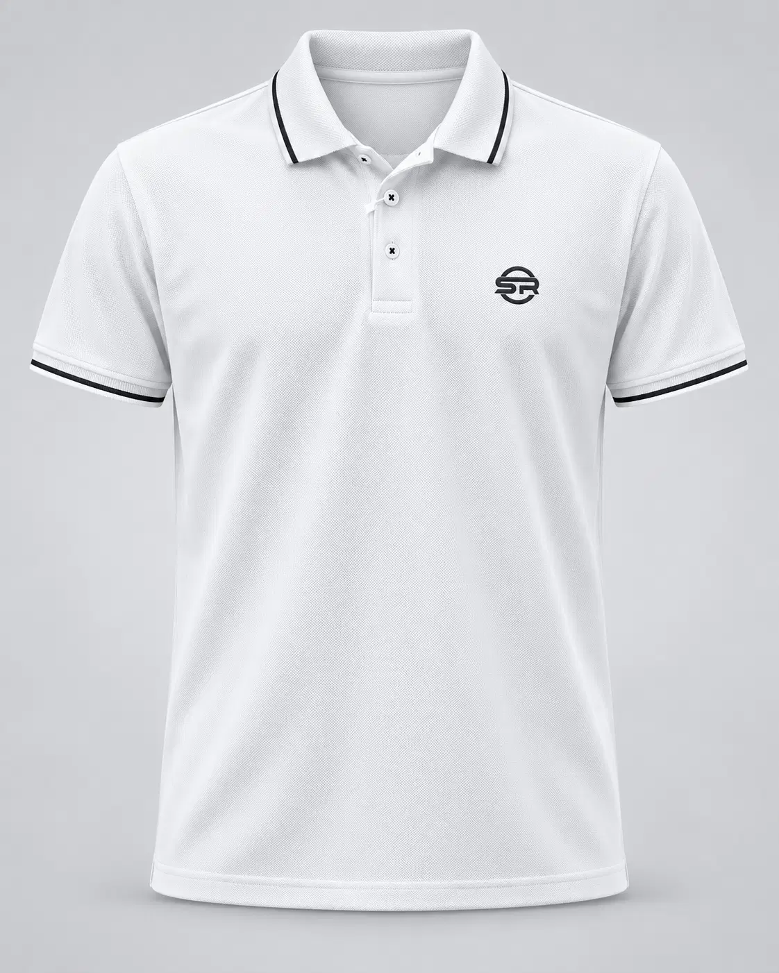 Front view of white pique polo with black tipped collar and sleeve cuffs and chest logo