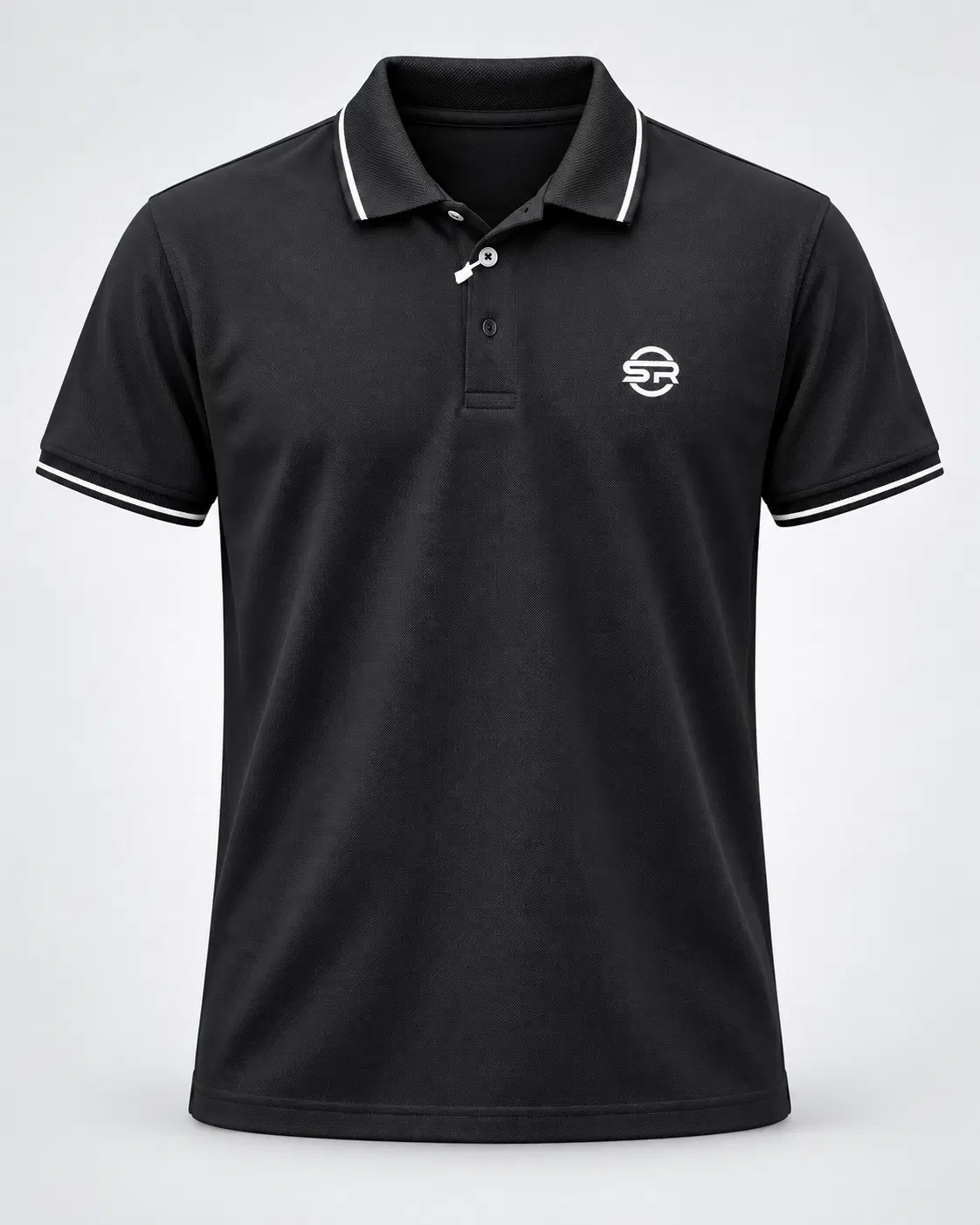 Front view of black polo shirt with white tipped collar, sleeve cuffs and small chest logo