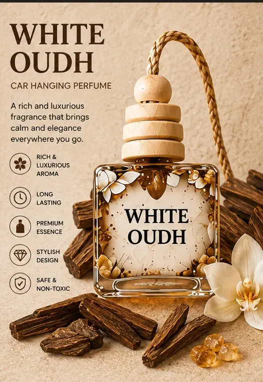 White Oudh hanging perfume bottle with wooden cap, floral label and feature icons on a beige backdrop