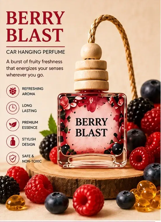 Berry Blast hanging perfume bottle with wooden cap, rope loop, and berry-themed label on a wooden stand