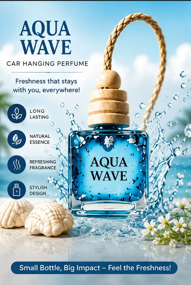Blue Aqua Wave hanging perfume bottle with wooden cap, rope loop, splash backdrop and feature icons