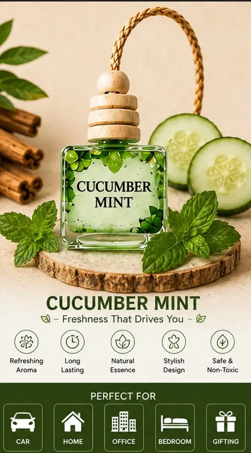 Front pack shot of cucumber mint hanging air freshener bottle with wooden cap and usage icons
