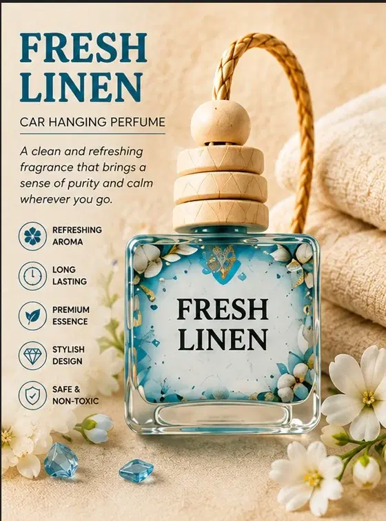 Front view of Fresh Linen hanging perfume bottle with wooden cap, floral label, and feature icons