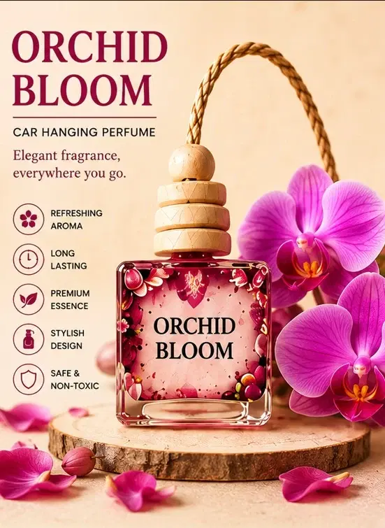 Orchid Bloom hanging perfume bottle with wooden cap, braided cord and pink orchid-themed design