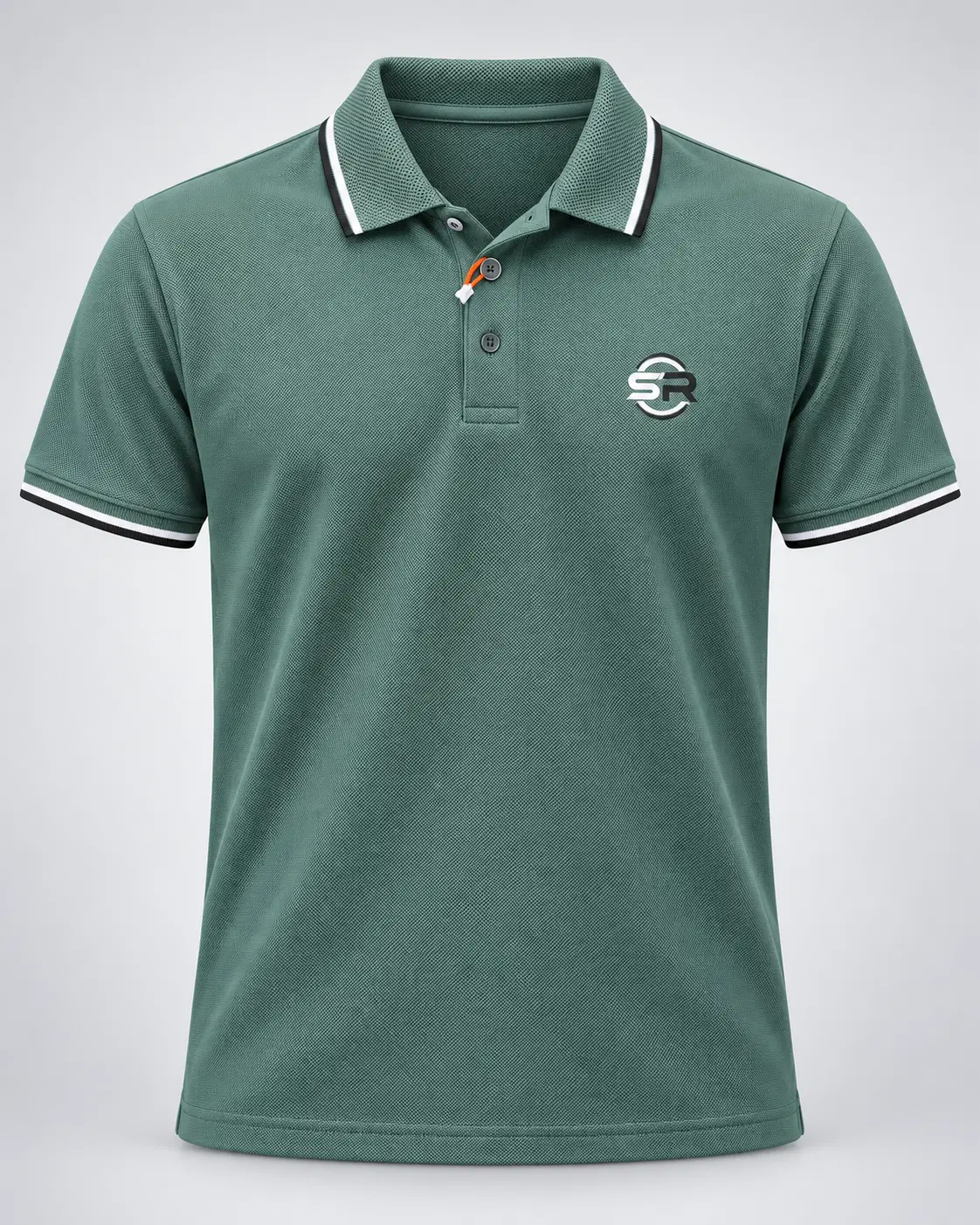Front view of sage green polo tee with textured fabric, tipped collar and sleeves, and SR chest logo