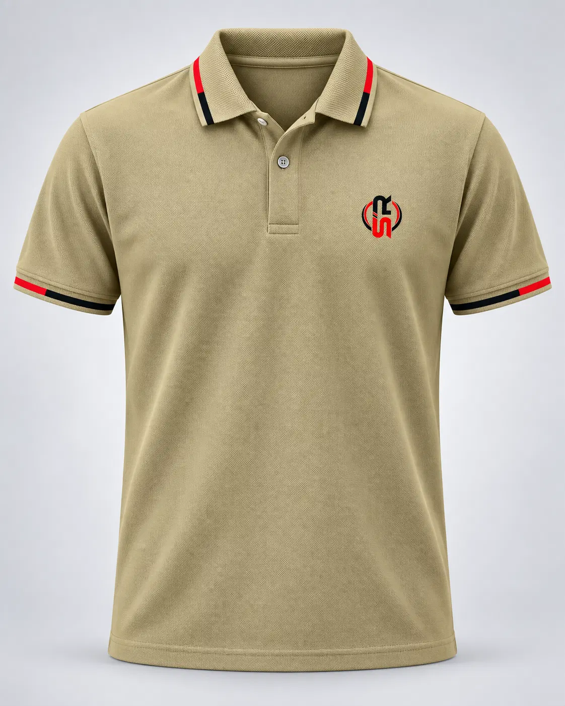 Front view of beige pique polo T-shirt with red and black tipped collar, sleeve cuffs, and chest logo