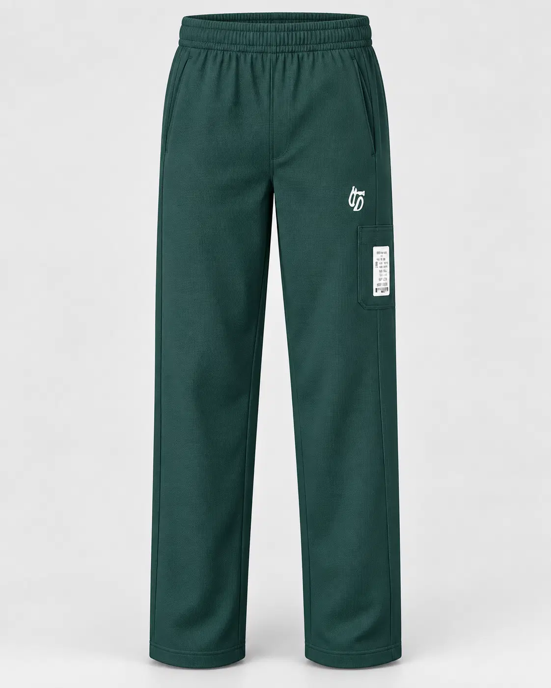 Front view of dark green straight-leg track pants with elastic waist and side cargo pocket