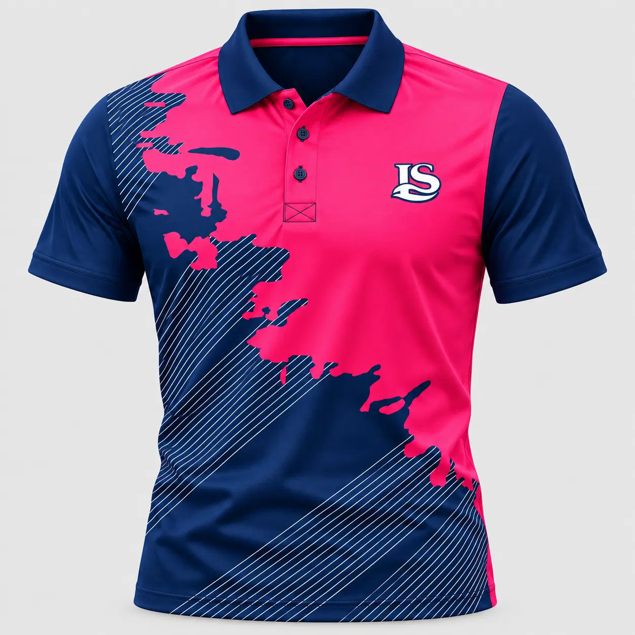 Front view of pink and navy polo tee with diagonal striped graphic panel and LS chest logo