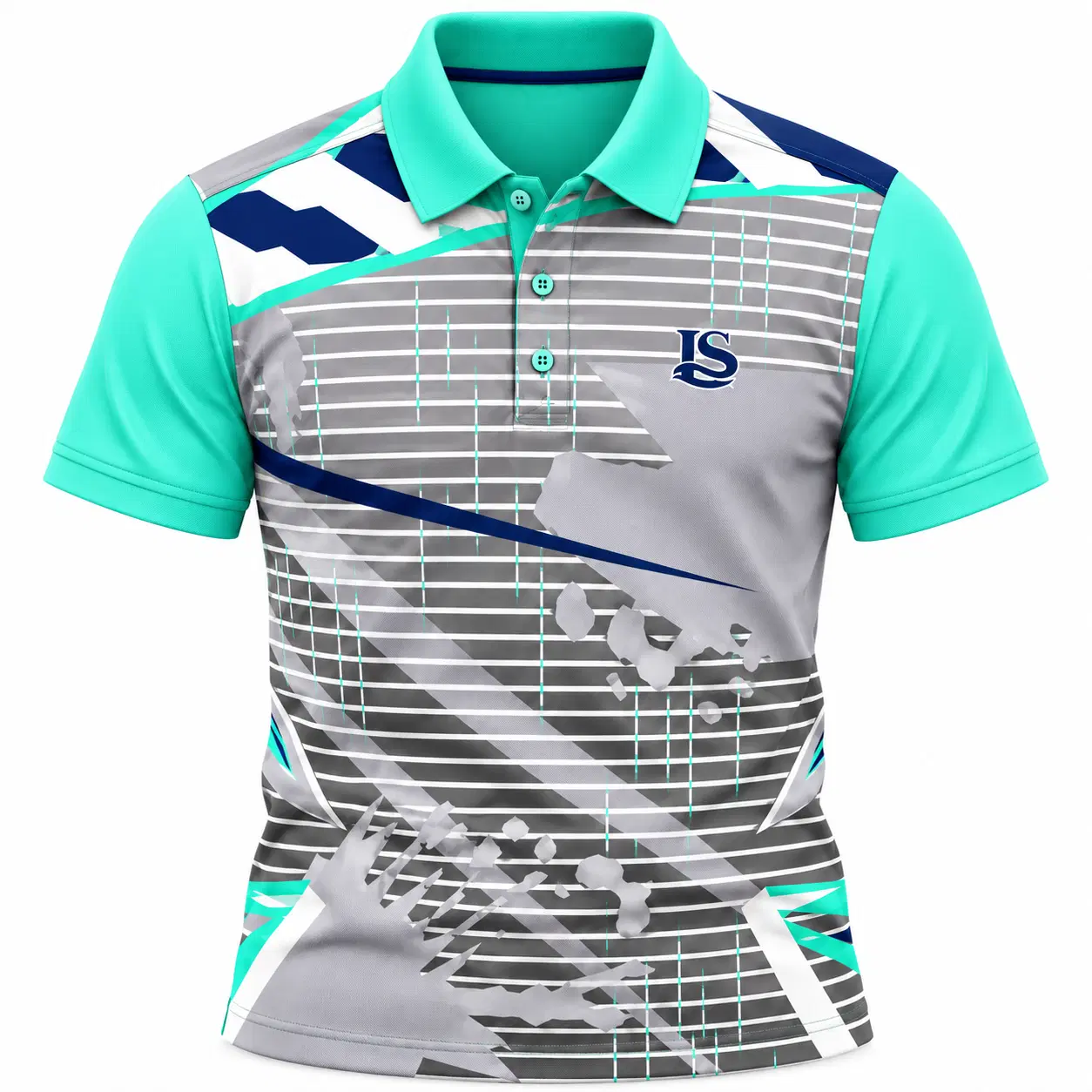 Front view of aqua polo tee with grey striped abstract print, navy accents and three-button placket