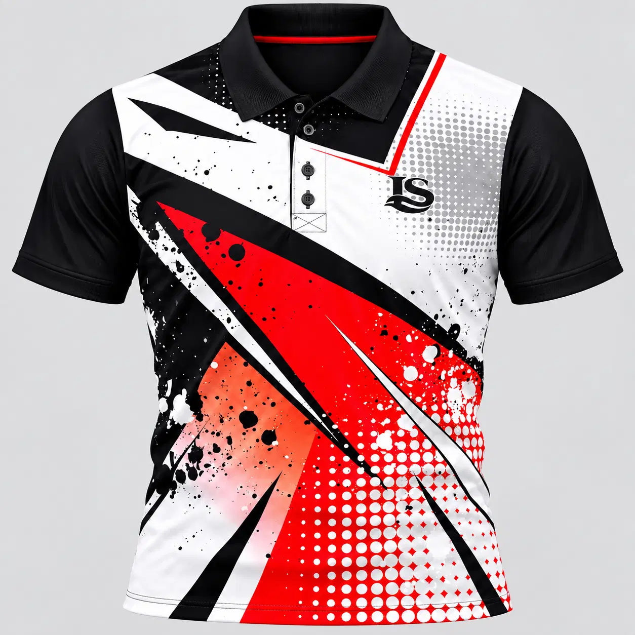 Front view of black polo tee with red, white and black abstract splash print and three-button placket