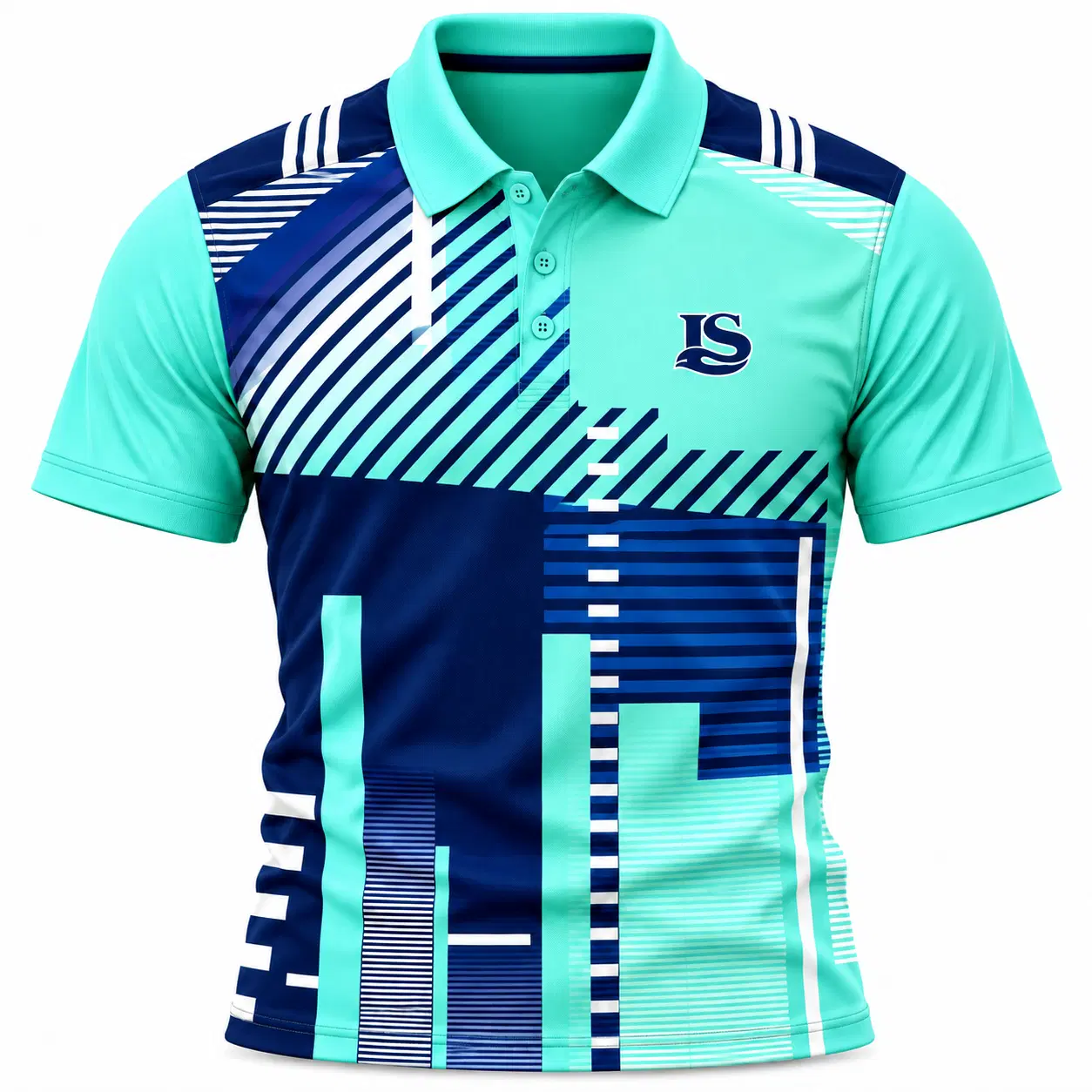 Front view of aqua and navy polo tee with geometric stripe print and embroidered chest monogram