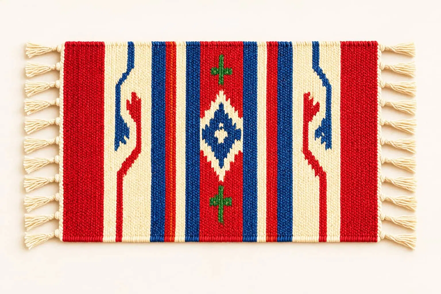 Handwoven red, blue and ivory tasseled textile with traditional motifs and artisan craft illustrations