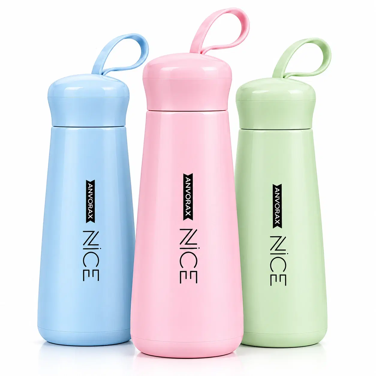 Front view of three Anvorax Nice bottles in pastel blue, pink and mint with oversized loop-handle lids