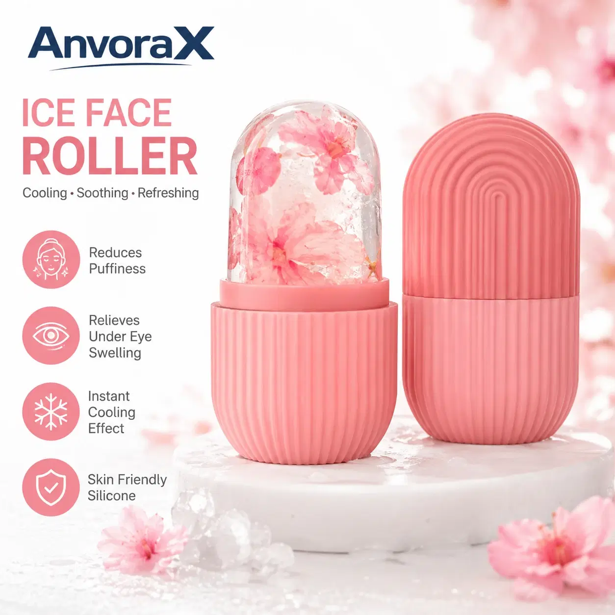 Pink Anvorax ice face roller with floral frozen head and matching cap beside benefit icons