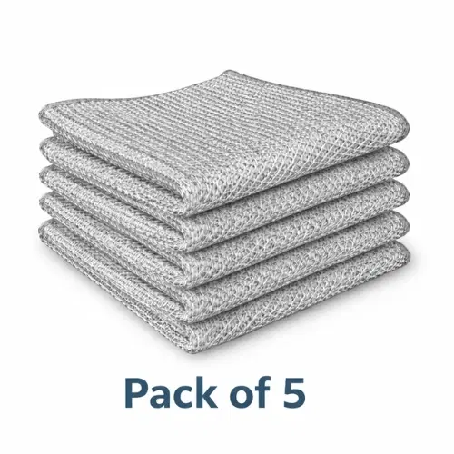 Stack of five folded silver wire dish cloths on white background with Pack of 5 text