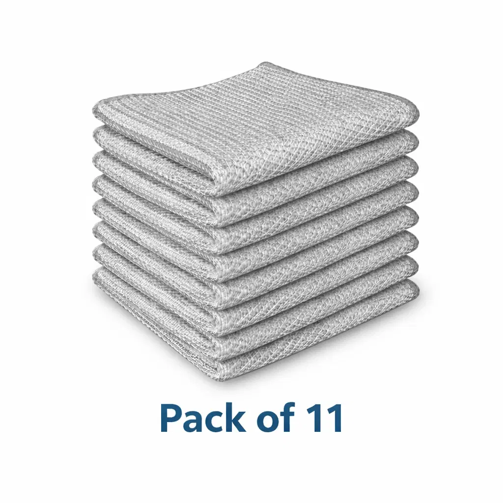 Stack of 11 folded silver mesh scrubber cloths on a white background with pack count shown below