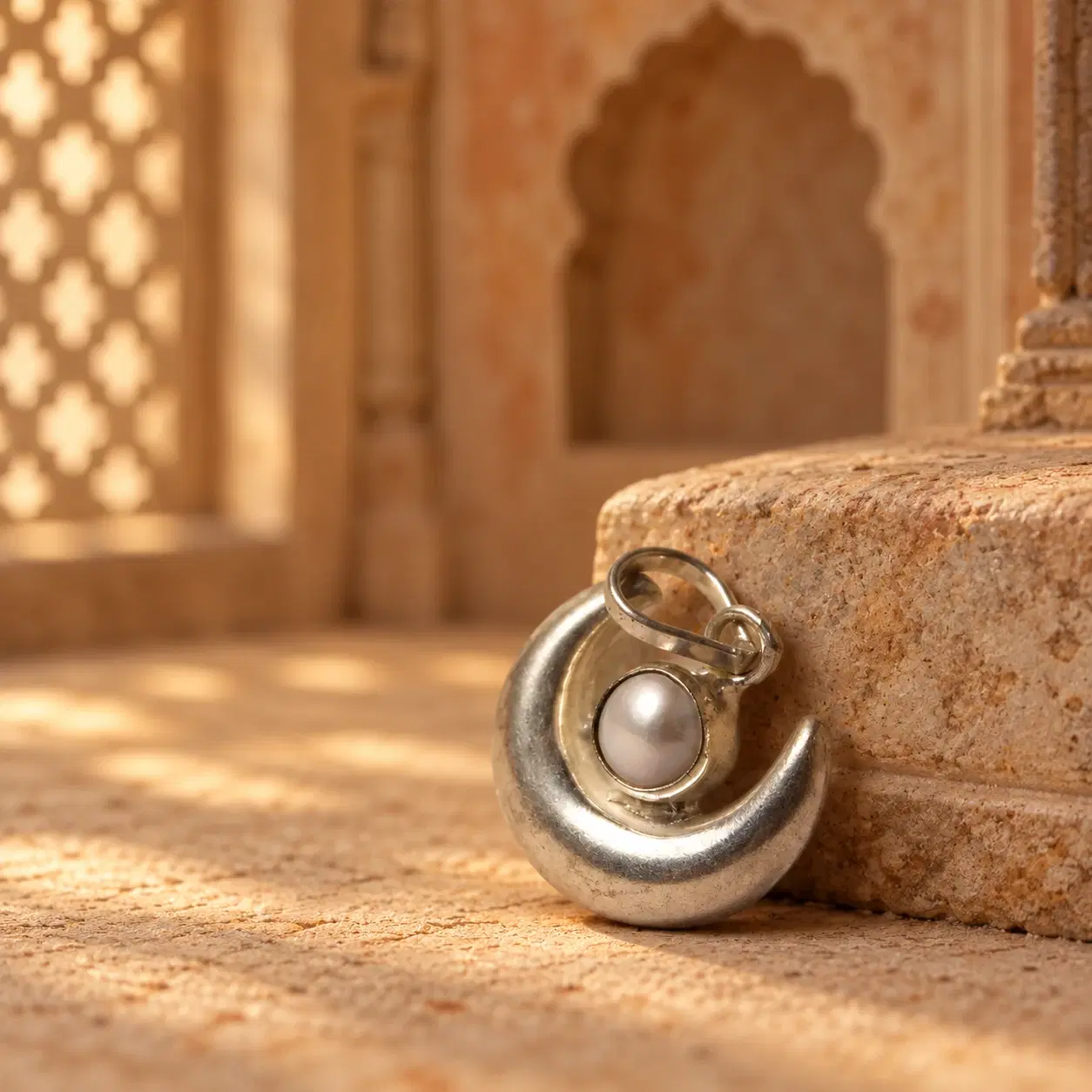 Silver-tone crescent pendant with pearl accent resting against a light stone step