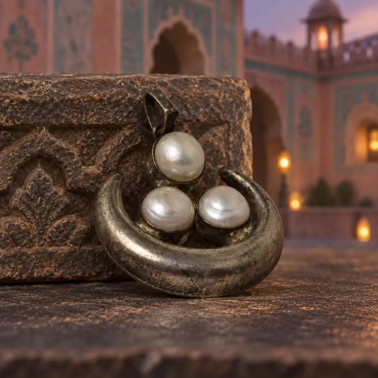 Front view of crescent pendant with three pearl-like stones against a carved brown backdrop