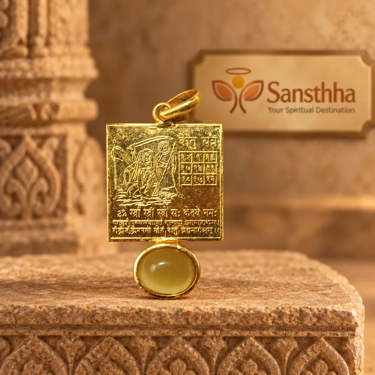 Front view of gold-tone Ketu Yantra pendant with engraved deity motif and round yellow accent below