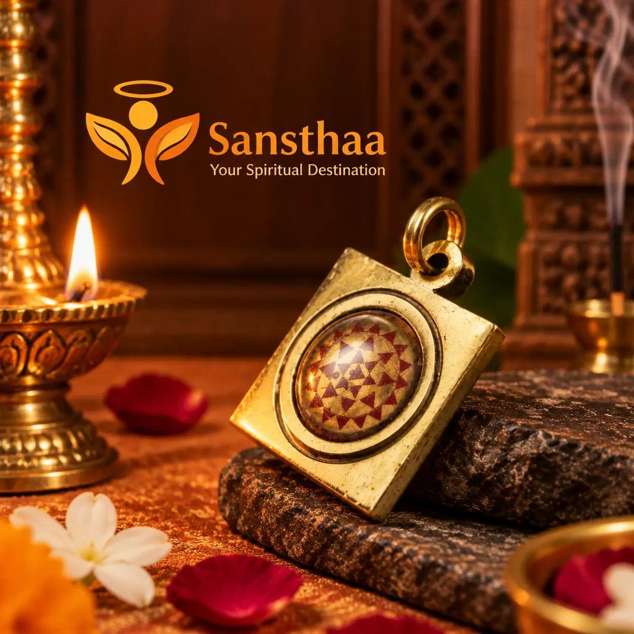 Brass square pendant with Sri Yantra center and hanging loop, styled beside a lit diya and petals