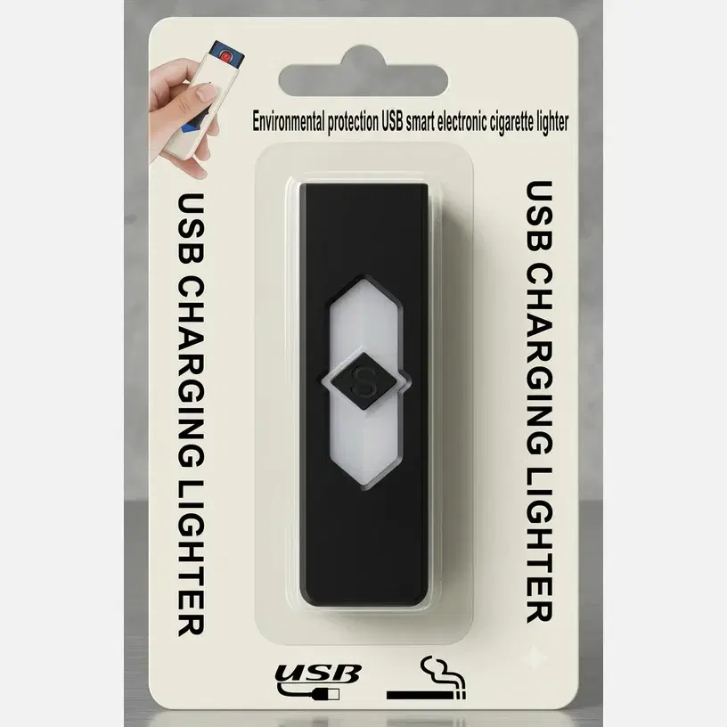 Green USB rechargeable cigarette lighter in retail blister packaging on a desk with charging cable nearby